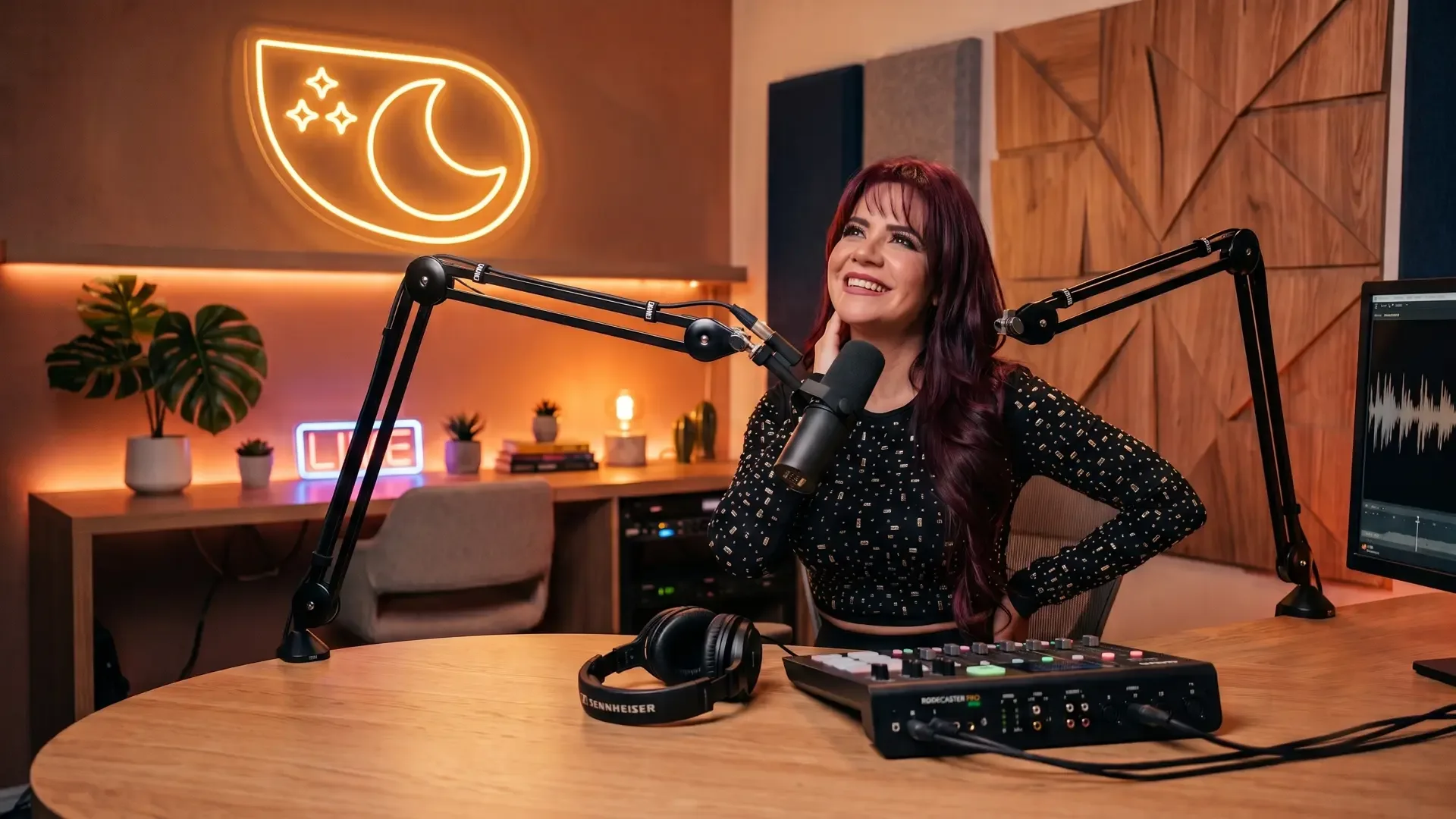 Cristy Dávila frente al micrófono en el estudio de Charla con la Luna